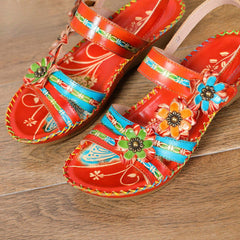 Socofy Vicconfy Genunie Leather Floral Handmade Women's Sandals