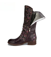 Socofy Vicconfy Side Zipper Vintage Floral Flat Heel Long Boots