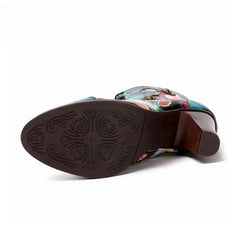 Socofy Vicconfy Ethnic Cowhide Handmade Vintage Flower High Heel Women's Boots