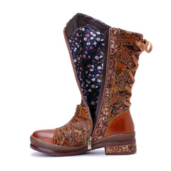 Socofy Winter Leather Vintage Printed Boots