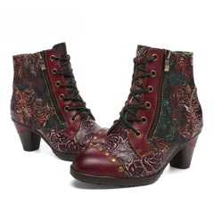 Socofy Vicconfy Retro Handmade Leather Patchwork Ankle Boots