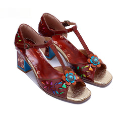 Socofy Crimson Blossom T-Strap Sandals