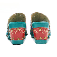 Socofy leather rubbed colour vintage floral casual fashion high heeled sandals