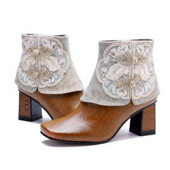 Socofy Timeless Handmade Leather Heeled Short Boots