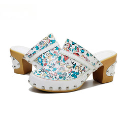 Socofy Handmade Leather Crushed Flower Rustic Casual Fashion Comfortable High Heeled Sandals