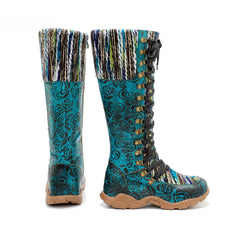 Socofy Genuine Leather Vintage Printed Wool Lace Up Comfortable Flat High Boots
