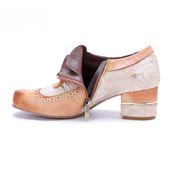 Socofy Genuine leather beige vintage brogue tassel side zipper pumps