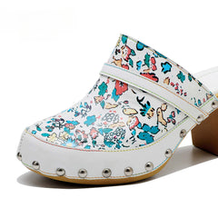 Socofy Handmade Leather Crushed Flower Rustic Casual Fashion Comfortable High Heeled Sandals