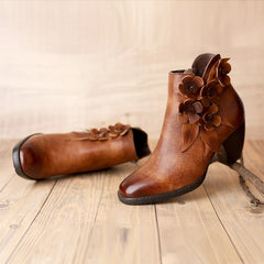 Socofy Genuine Leather Handmade Square Toe Vintage Handmade Flower Boots Woman