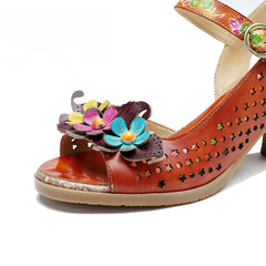 Socofy Summer Genuine Leather Hollow Three-dimensional Flower Comfortable Women's High Heels