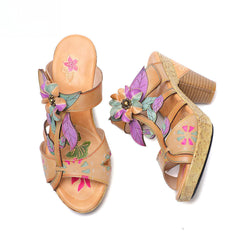 Socofy Vicconfy Flower Patchwork Head Cowhide High Heel Women's Sandals Slippers