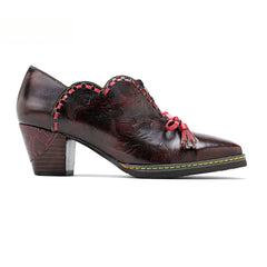 Socofy spot genuine leather bow tassel retro palace style thick heel women's high heels