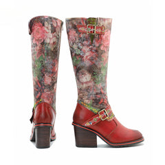 Socofy Vicconfy Handmade Color Rubbed Leather Printed Belt Buckle Chunky Heel Women's Boots