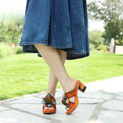 Socofy Genuine Leather Hand-painted Retro High Heeled Slippers Sandals