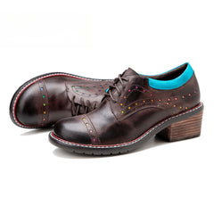 Socofy Leather Star Deco Lace Up Chunky Heel Single Shoes