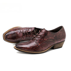 Socofy leather retro British style dark flower texture women's thick heel flat shoes