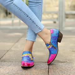 Socofy Leather Vintage Cowboy Style Women's Shallow Mouth Single Shoes