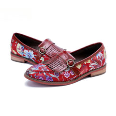 Socofy Handmade Leather Vintage Printed Tassel Flat Loafers Shoes