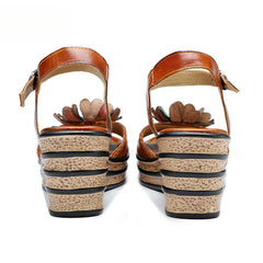 Socofy summer on leather retro three-dimensional flowers casual comfortable sloping sandals