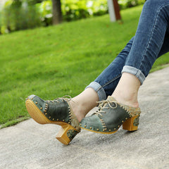 Socofy Leather Retro Street Style Rivet Chunky Heeled High Heels