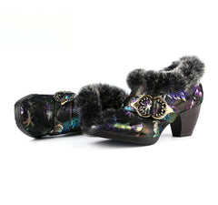 Socofy Vicconfy Genuine Leather Vintage Genuine Wool Patchwork Vintage Illusion Pumps