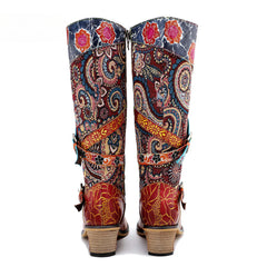 Socofy Leather Vintage Print Chunky Heel Knee Women's Boots