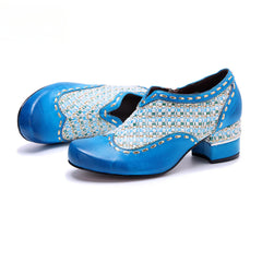 Socofy Genuine Leather Vintage Boho Woven Side Zipper Pumps