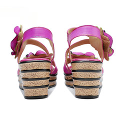 Socofy summer leather three-dimensional flowers comfortable sloping sandals