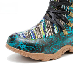Socofy Genuine Leather Vintage Printed Wool Lace Up Comfortable Flat High Boots