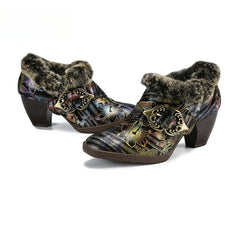 Socofy Vicconfy Genuine Leather Vintage Genuine Wool Patchwork Vintage Illusion Pumps