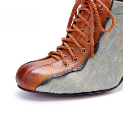 Socofy Genuine Leather Retro Fashion Lace Up Heels pumps