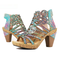 Socofy retro casual ethnic style fish mouth top layer cowhide flower fashion women's sandals