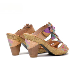 Socofy Vicconfy Flower Patchwork Head Cowhide High Heel Women's Sandals Slippers