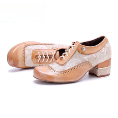 Socofy Genuine leather beige vintage brogue tassel side zipper pumps