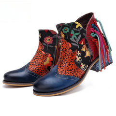 Socofy Vicconfy Leather Printed Fringe Cowboy Boots