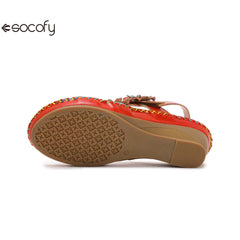 Socofy Vicconfy Summer genuine leather ethnic style wedge heel retro casual fashion flower decorated sandals
