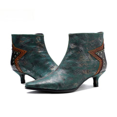 Socofy French Retro Metallic Dark Studded Studded Wrap Heel Design Slim Heel Women's Boots