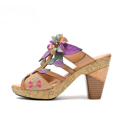 Socofy Vicconfy Flower Patchwork Head Cowhide High Heel Women's Sandals Slippers