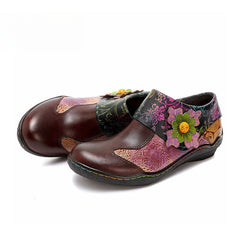 Socofy Vicconfy Ethnic Flower Leather Handmade Flat Shoes Low Heeled Single Shoes