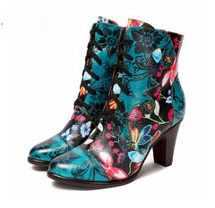 Socofy Vicconfy Ethnic Cowhide Handmade Vintage Flower High Heel Women's Boots