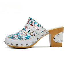 Socofy Handmade Leather Crushed Flower Rustic Casual Fashion Comfortable High Heeled Sandals