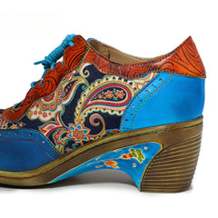 Socofy Vintage Handmade Bohemian Brogue Printed Heels Shoes