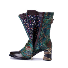 Socofy Winter Retro Painted Chunky Heel Boots