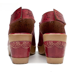 Socofy Summer Leather Retro Hollow Out High Heel Sandals