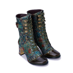 Socofy Winter Retro Painted Chunky Heel Boots