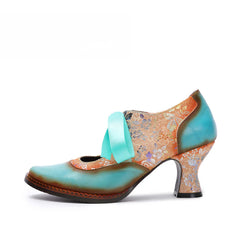 Socofy Summer flower blue ethnic style high-heeled ribbon lace-up women's shoes