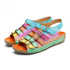 Socofy summer genuine leather belt buckle comfortable flat women's sandals