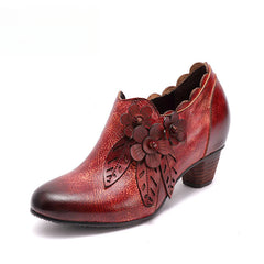 Socofy Genuine Leather Handmade Vintage Fashion Side Zipper High Heels Women's Shoes