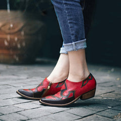 Socofy Genuine Leather Retro Round Rivet Deco Shallow Flat Shoes