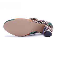 Socofy Genuine Leather Vintage Floral Chunky Heeled Women Pumps